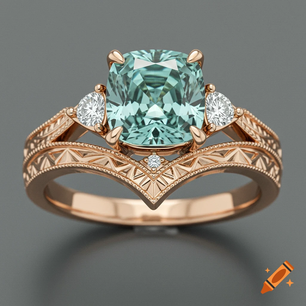 A rose gold engagement ring with a light teal cushion-cut sapphire, two triangular side diamonds, and an intricate art deco engraved band.