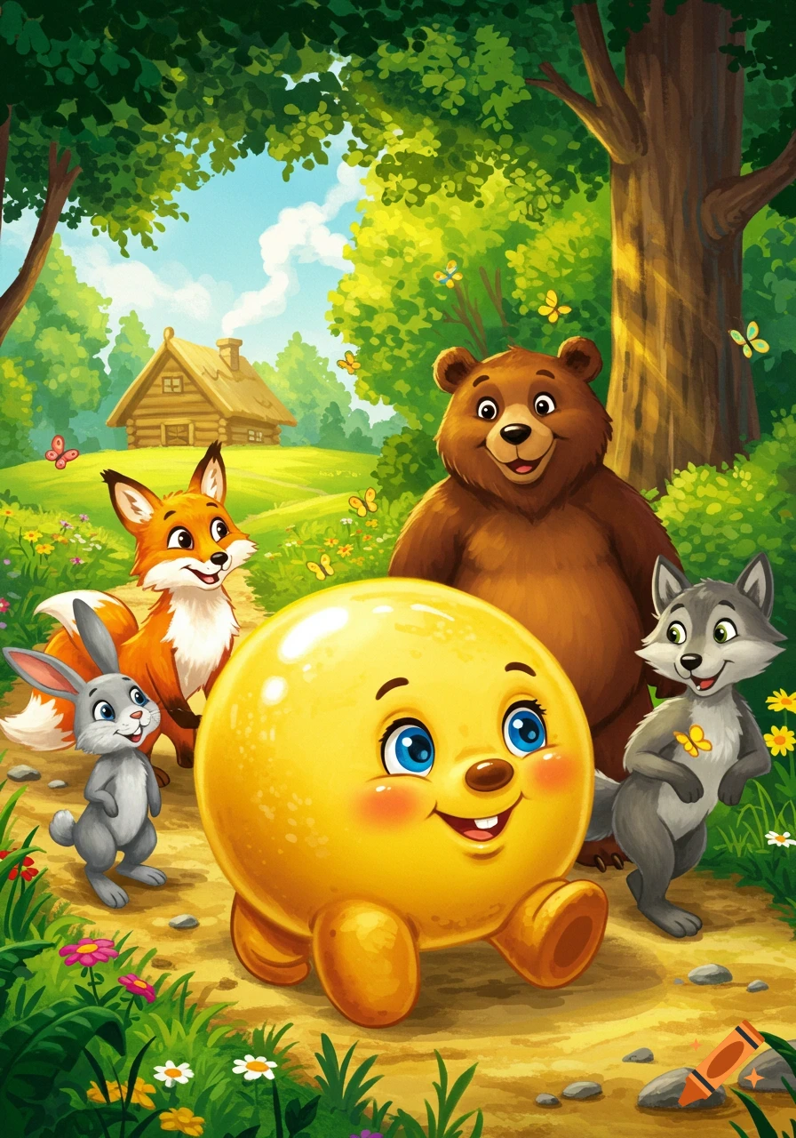 A cheerful children's illustration of Kolobok, a golden-yellow bun, rolling on a sunny forest path with a rabbit, fox, bear, and wolf. A wooden hut is in the distance.