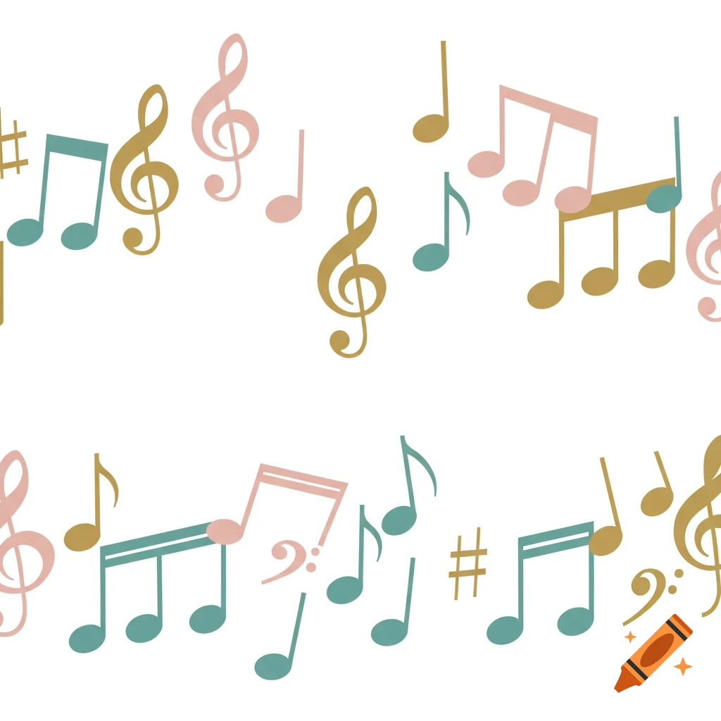 A colorful pattern of musical notes and symbols in gold, pink, and teal on a white background, in a 50s illustration style.