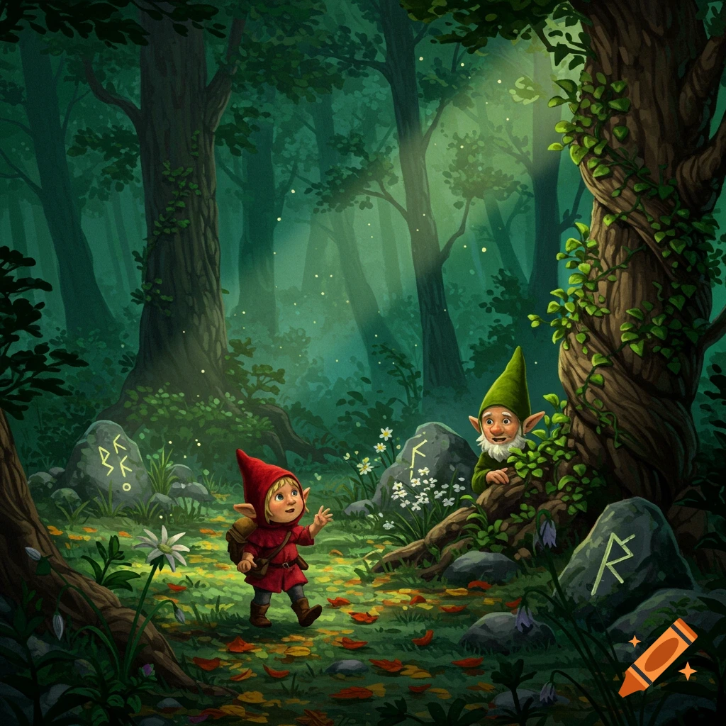 A young gnome and an older gnome in a magical forest with glowing dust, stylized in a fantasy art style.