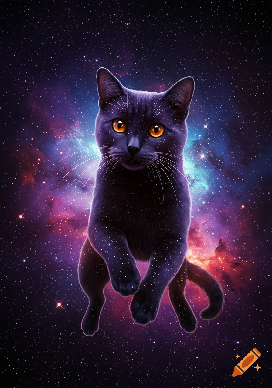 A stylized black cat with glowing orange eyes floats against a vibrant galaxy background with stars and colorful nebulae.