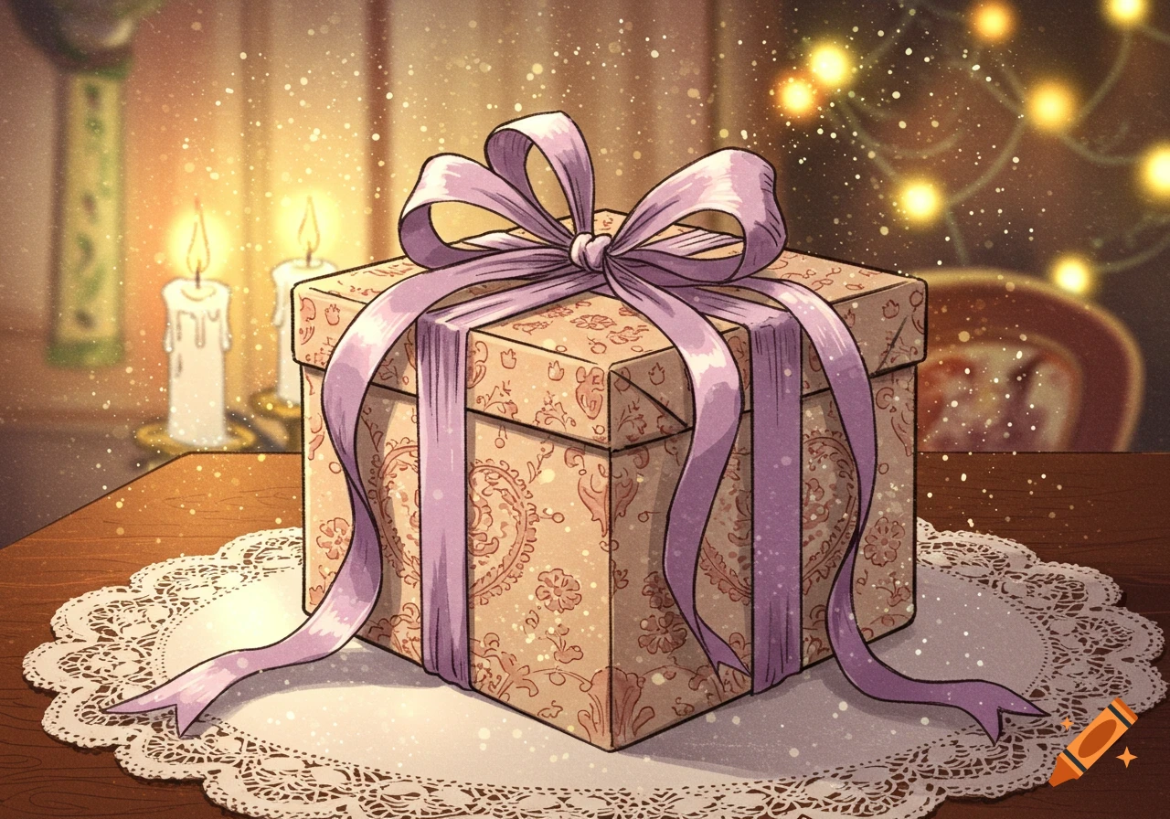 An illustration of a gift box with a purple ribbon and bow, on a doily. Candles and string lights blur in the festive background.