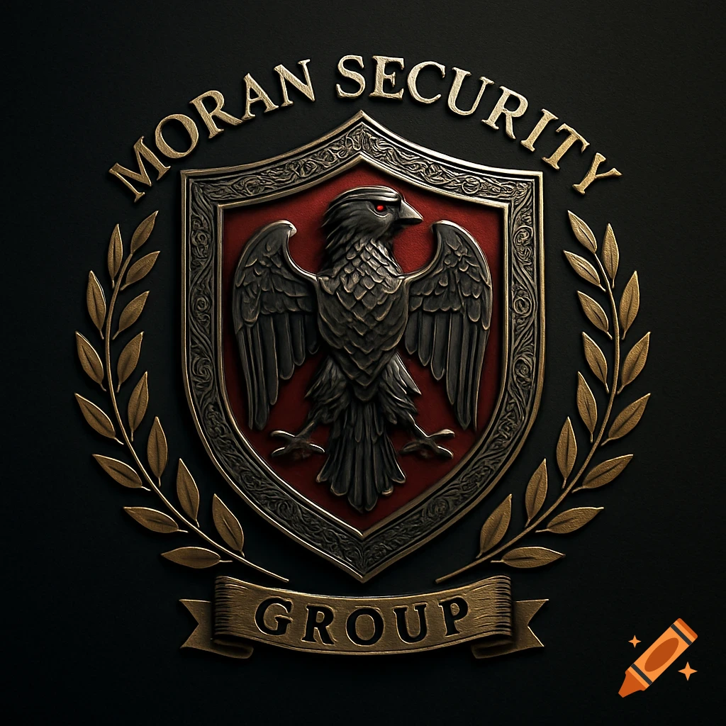 A detailed metallic eagle with red eyes on a red and gold shield emblem, surrounded by gold laurel wreaths, with "MORAN SECURITY" arched above and "GROUP" on a banner below.