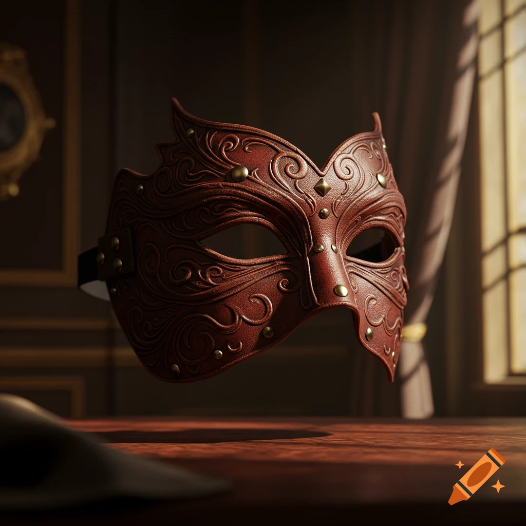 An ornate brown leather mask with gold studs rests on a wooden table in a dimly lit room, with a window in the background.