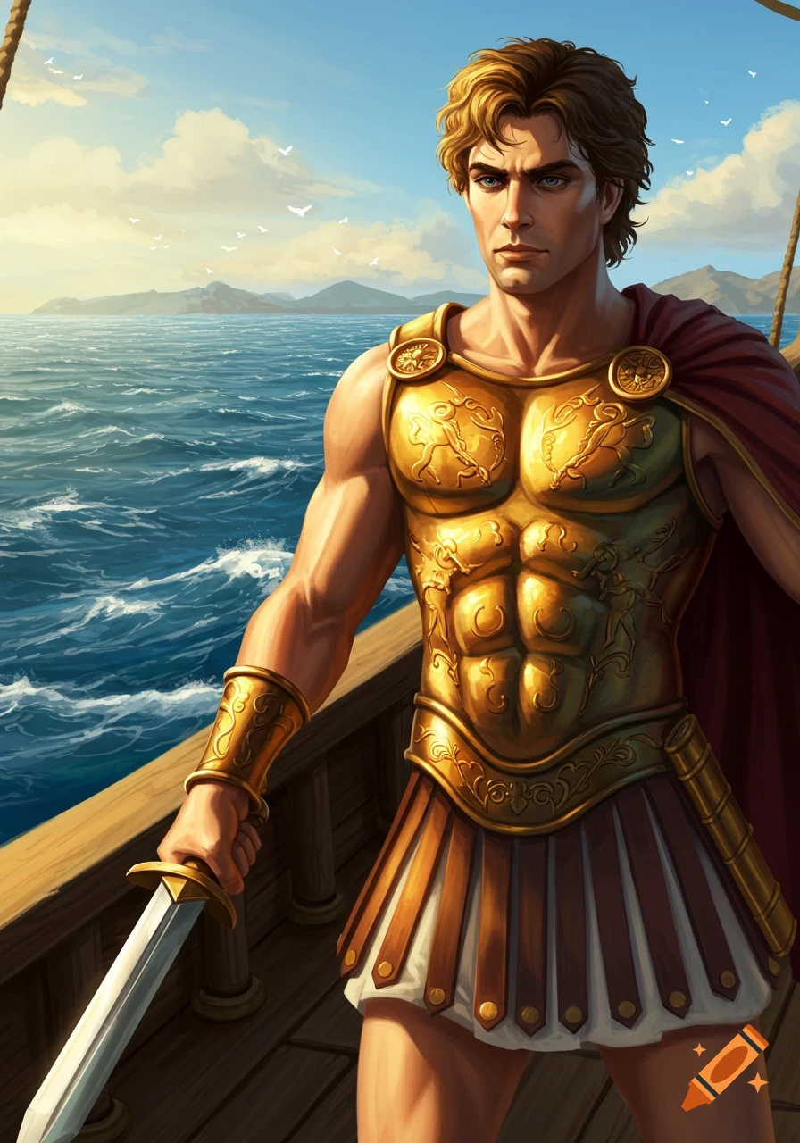 Illustration of a muscular man with blonde hair in golden armor and a red cloak, holding a sword on a ship at sea.