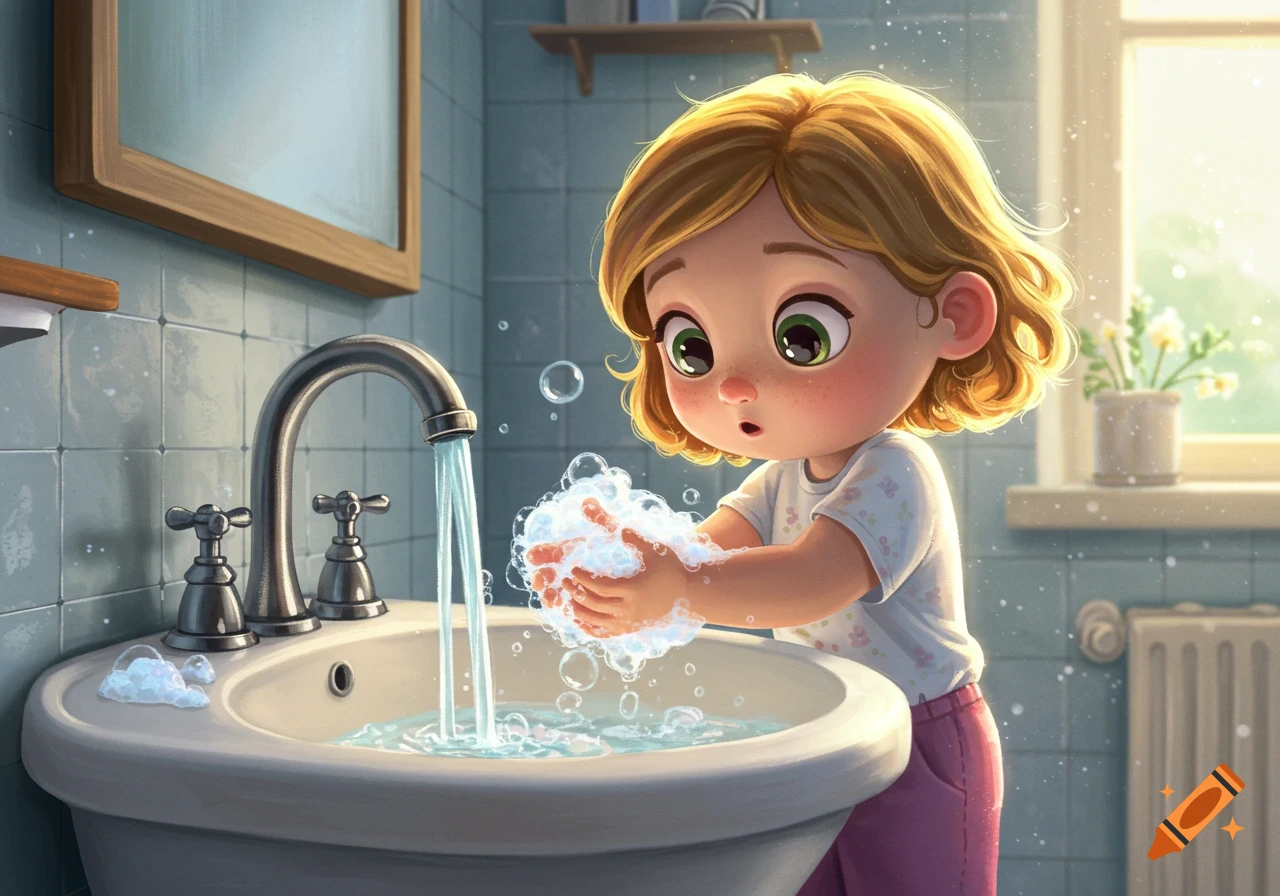 A cute, cartoon-style child with blonde hair washes their hands in a bathroom sink, creating lots of soap bubbles.