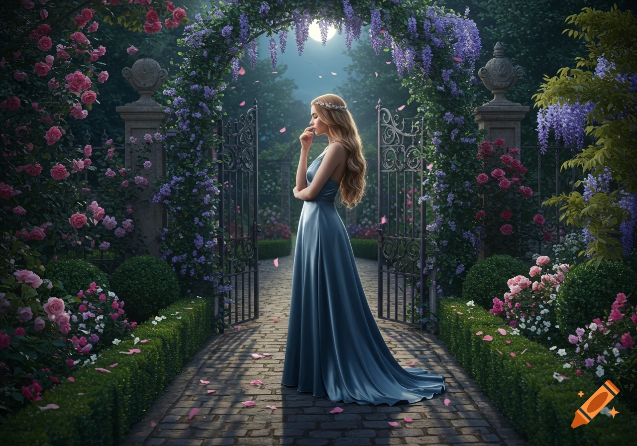 A woman in a blue gown stands in a magical garden archway with pink and purple flowers under a moonlit sky.