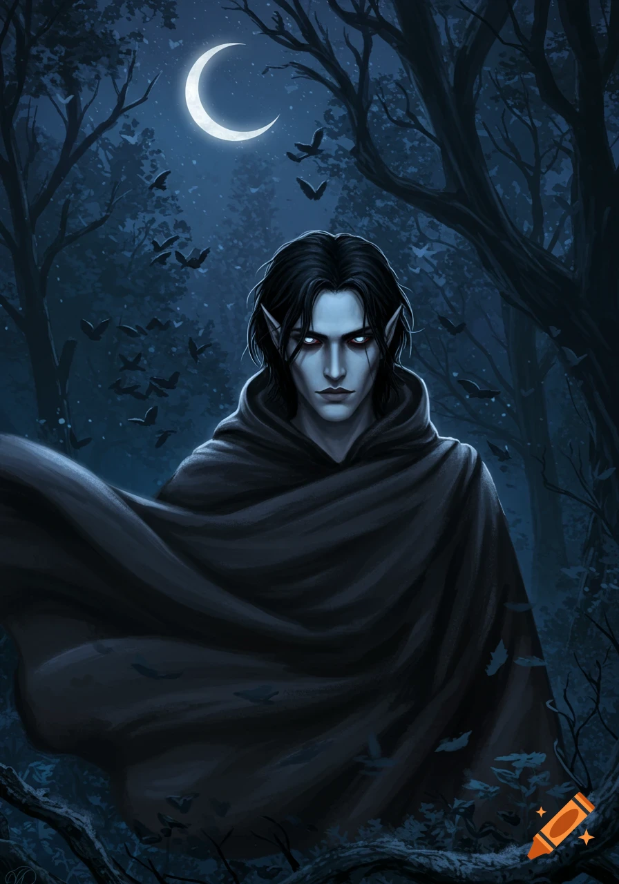 A pale, dark-haired man with pointed ears and glowing eyes, wearing a dark cloak, stands in a moonlit forest with bats.