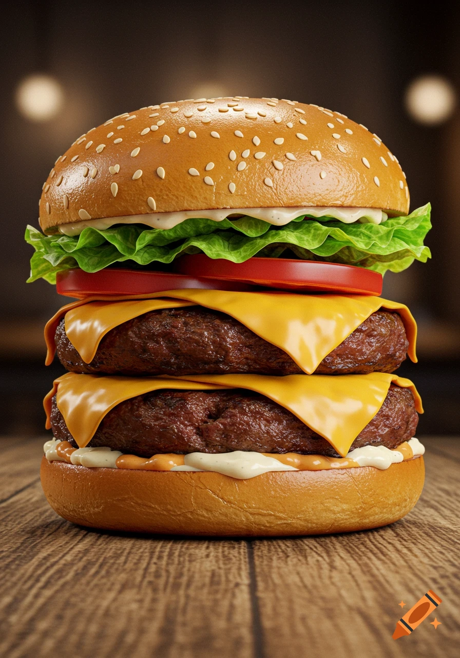 A photorealistic double cheeseburger with a sesame seed bun, fresh lettuce, red tomato, two slices of melted cheese, two beef patties, and white sauce, sitting on a wooden table.
