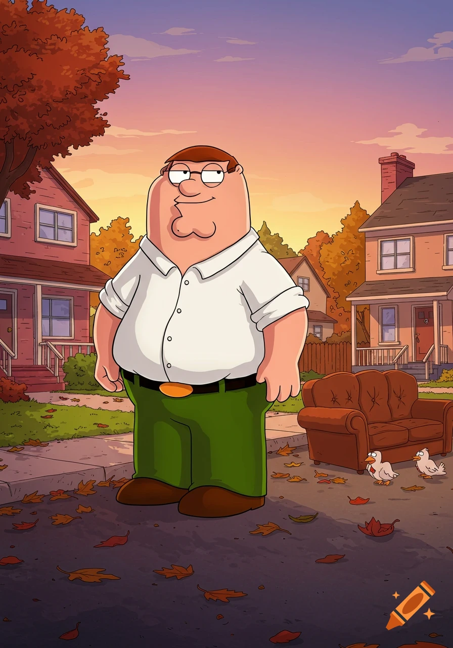 Peter Griffin standing on a suburban street in autumn with a brown couch and two ducks nearby, in a cartoon style.