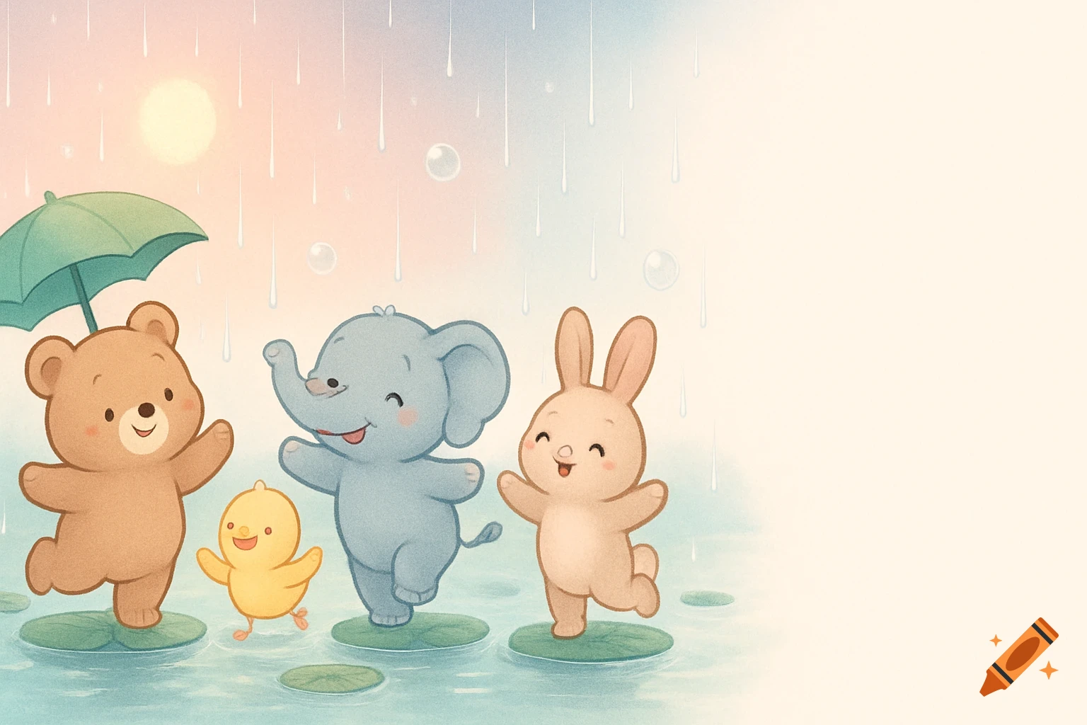A cute cartoon bear with an umbrella, a chick, an elephant, and a rabbit stand on lily pads in the rain with the sun.