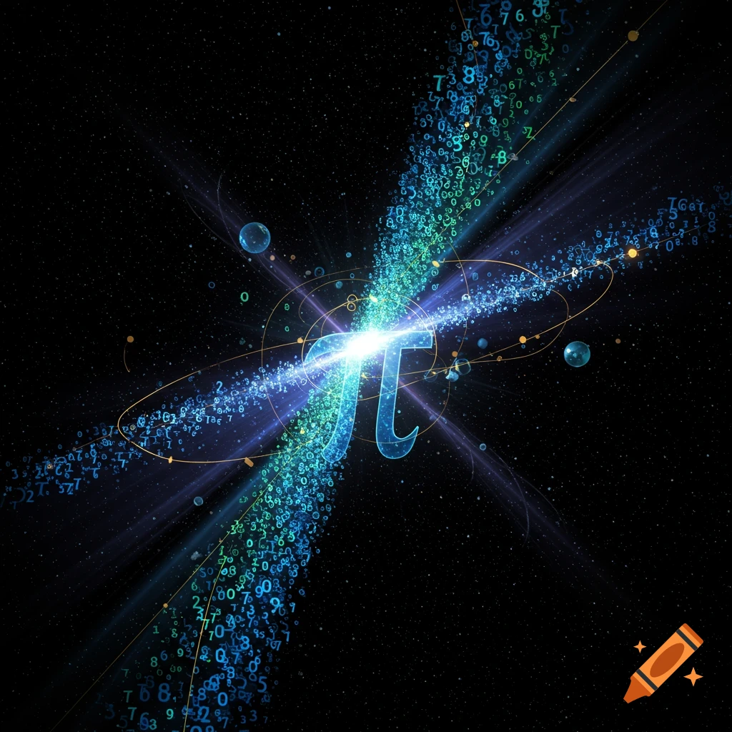 A glowing blue Pi symbol emits a radiant burst of swirling numbers and light through a dark, star-filled cosmic space.