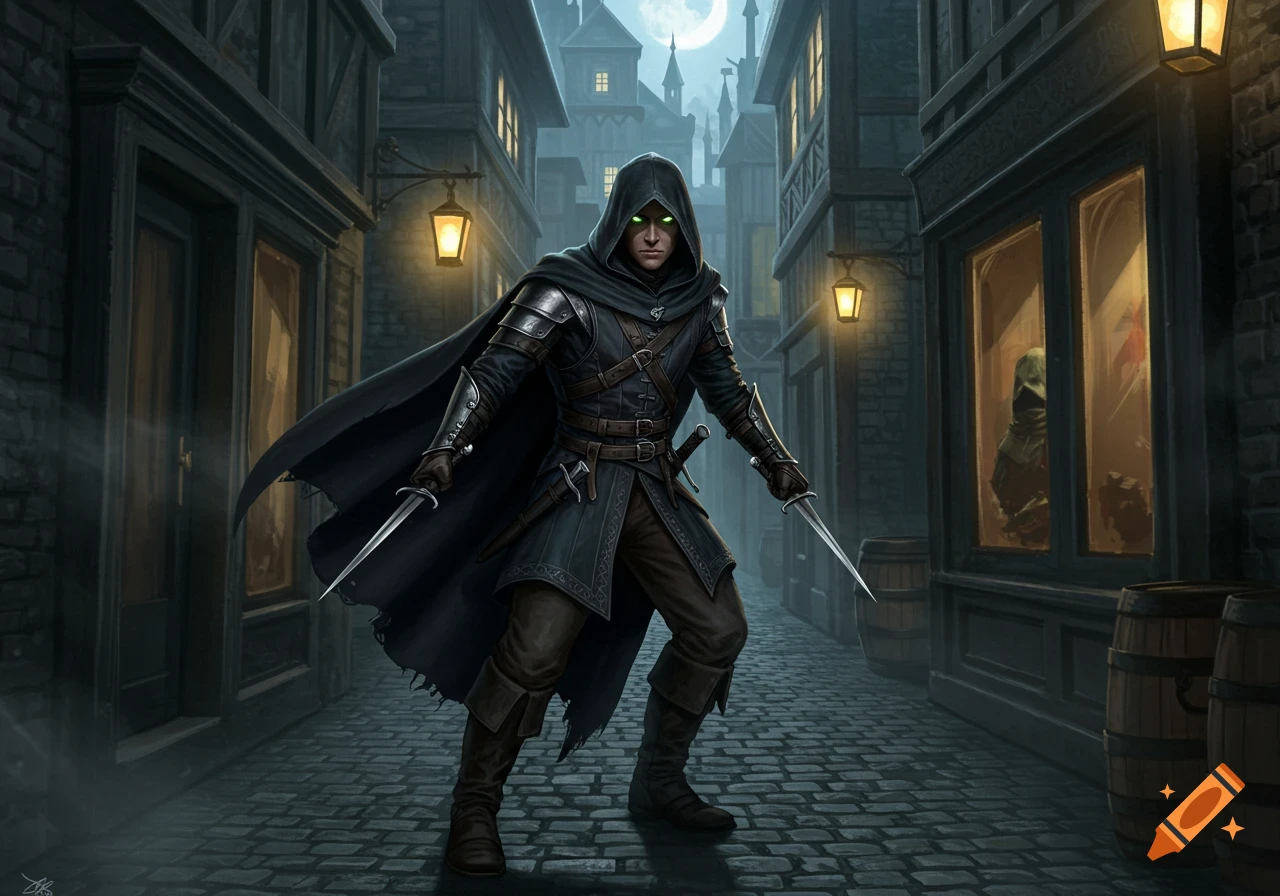 A hooded fantasy rogue with glowing green eyes stands ready with two daggers in a dark, moonlit medieval alley.