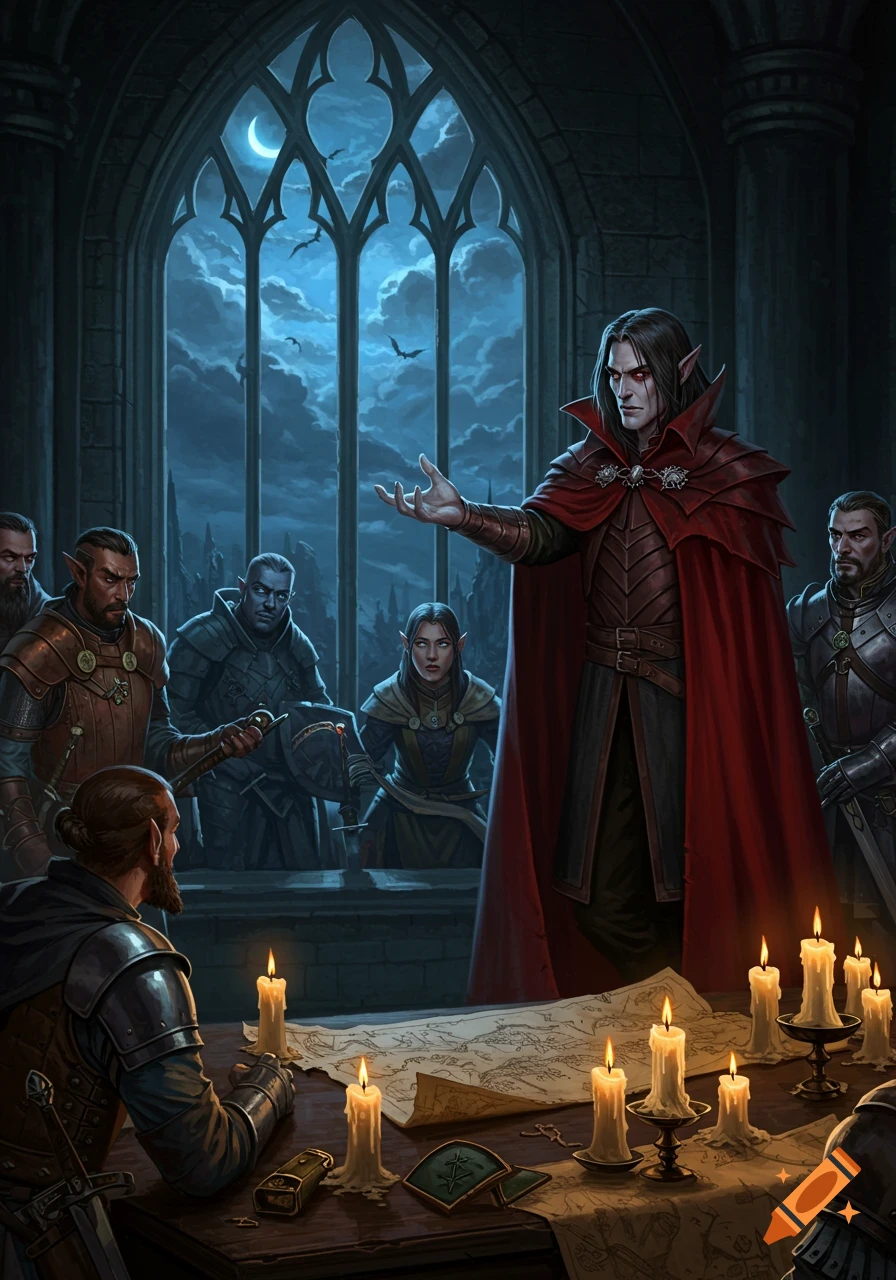 A gothic fantasy illustration of a vampire lord in a red cape addressing a group of warriors around a candlelit table with a map, under a moonlit window.