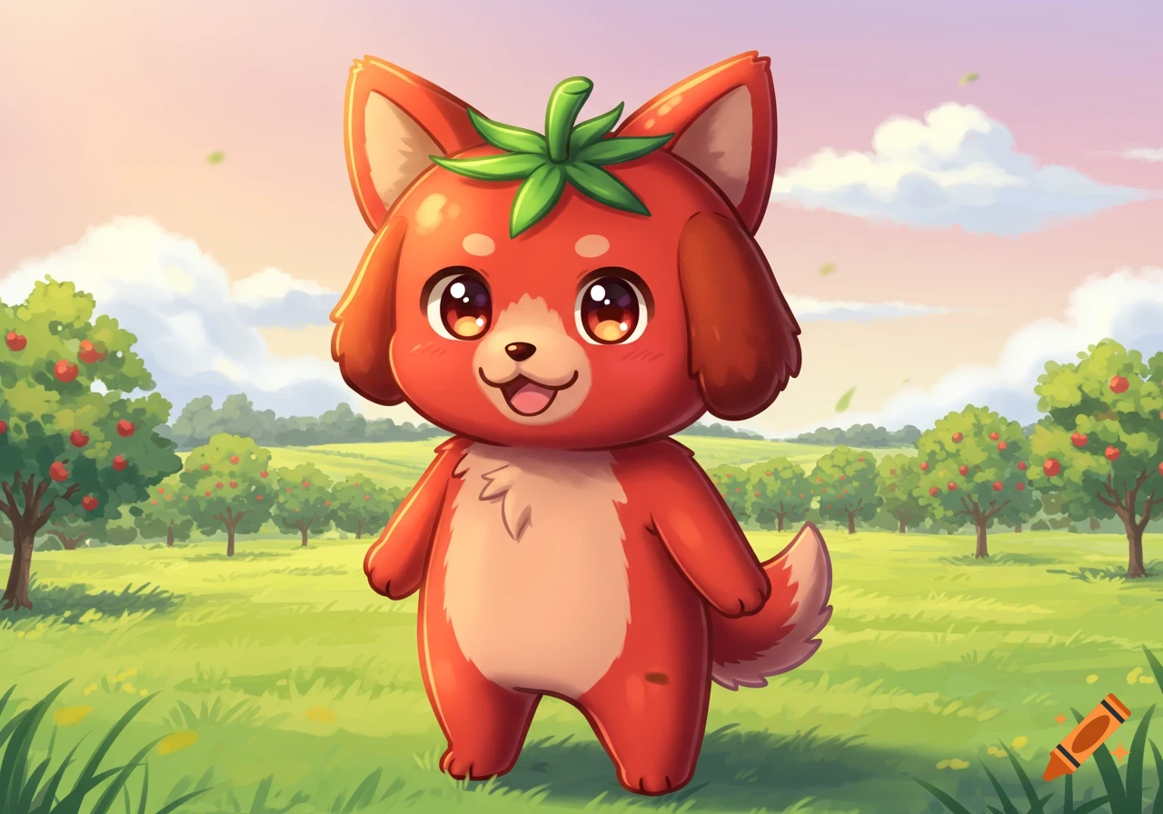 A cute, red, anime-style tomato dog character stands in a green field with fruit trees under a sunny sky.