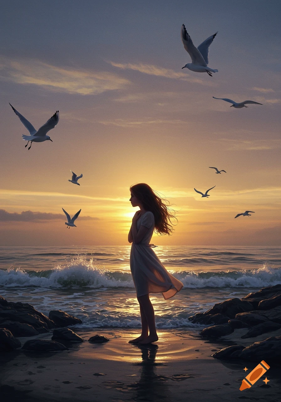 A woman with long hair stands on a beach at sunset, looking out at the ocean with seagulls flying above her.