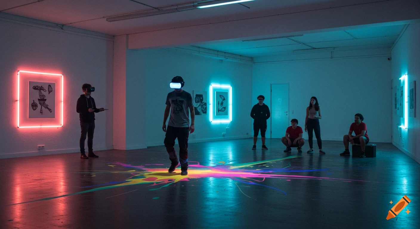 People in a modern art gallery space, one with a VR headset leaving a colorful paint trail on the floor, others observing near neon-framed artworks.