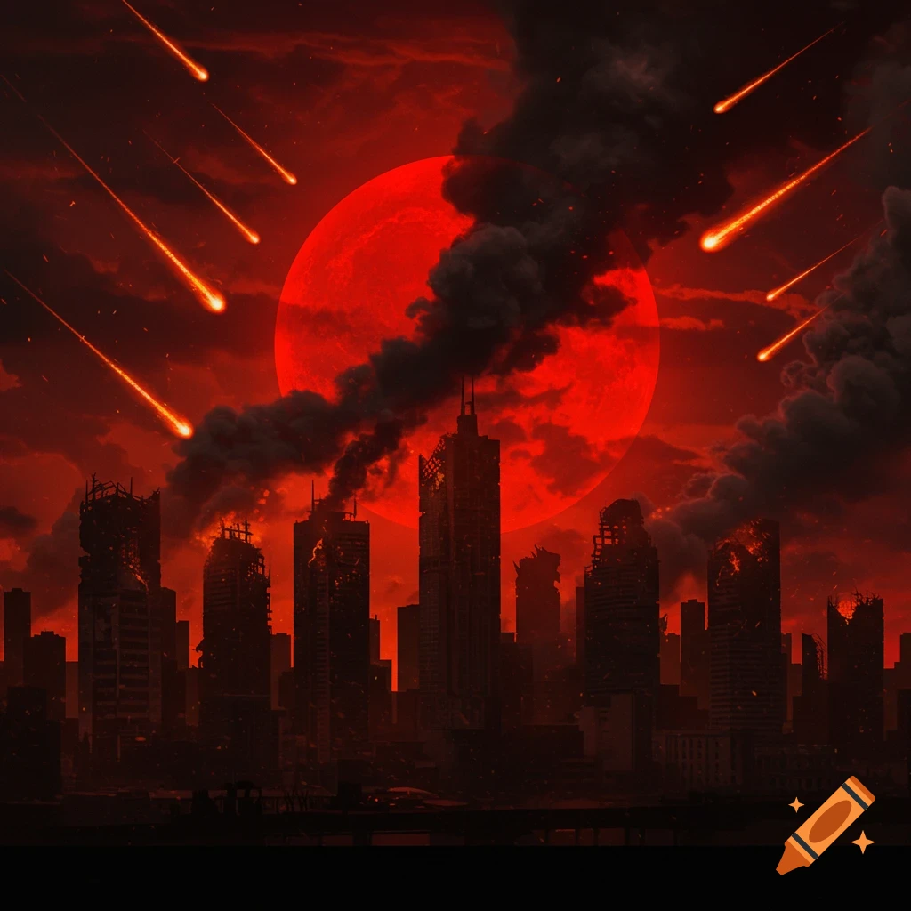 Apocalyptic cityscape under a dark red sky with a giant red sun, plumes of black smoke, and multiple glowing meteors falling towards the ruined buildings.