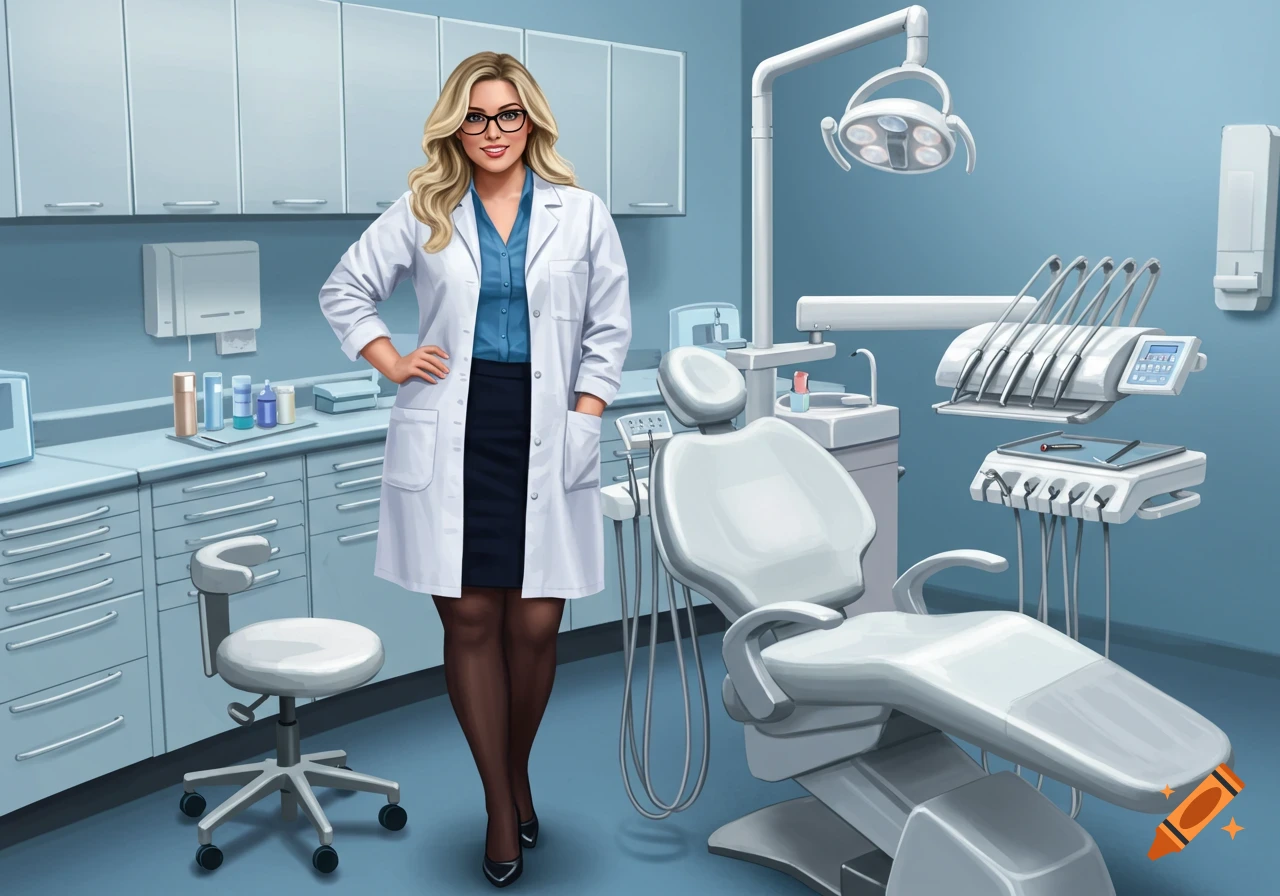 Illustrative image of a plus-sized blonde female dentist in a white lab coat and glasses, standing in a dental operating room.