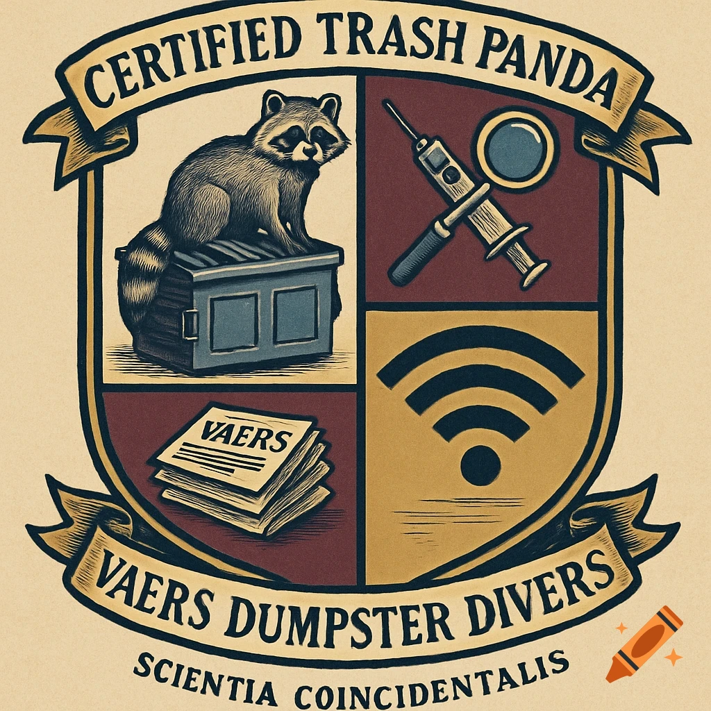 A vintage collegiate-style crest featuring a raccoon on a dumpster, a syringe crossed with a magnifying glass, a stack of reports labeled "VAERS," and a Wi-Fi symbol. Banners read "CERTIFIED TRASH PANDA" and "VAERS DUMPSTER DIVERS." A motto below says "SCIENTIA COINCIDENTALIS."
