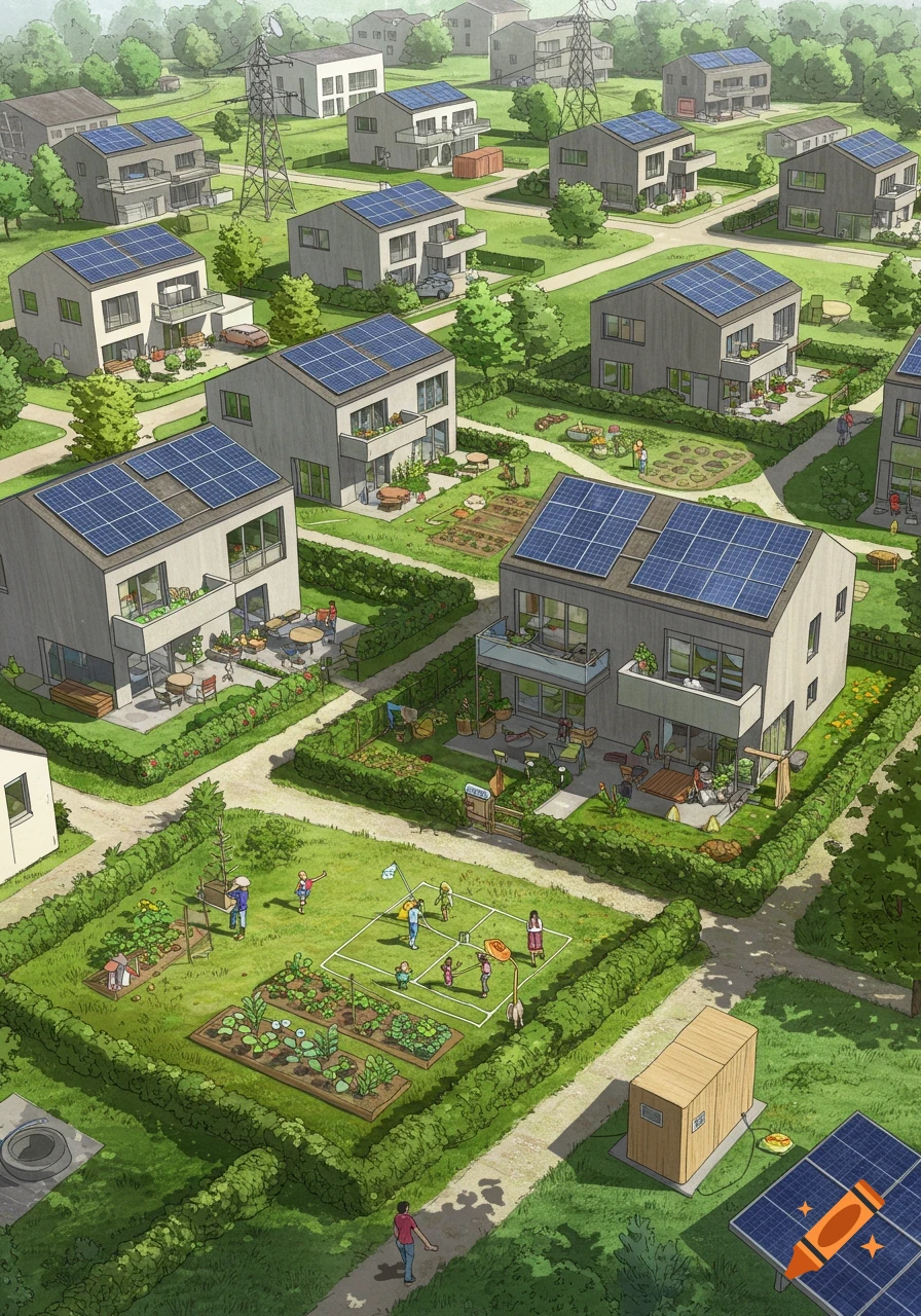 Aerial illustration of a modern, sustainable residential area with solar-paneled houses, community gardens, and people.