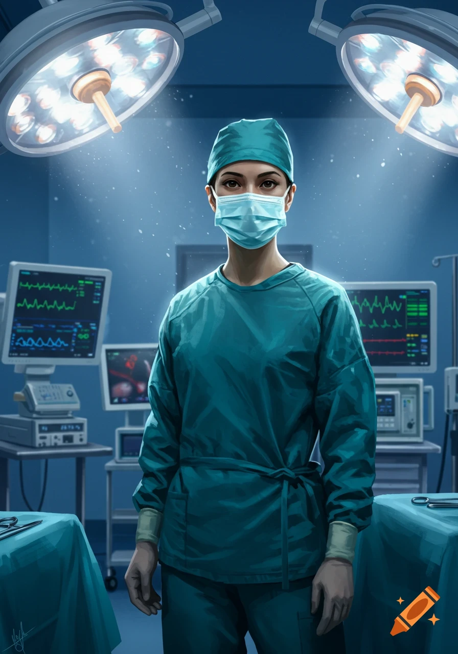 A masked doctor in teal scrubs and cap stands in a brightly lit operating room with medical monitors showing vital signs, digital art.