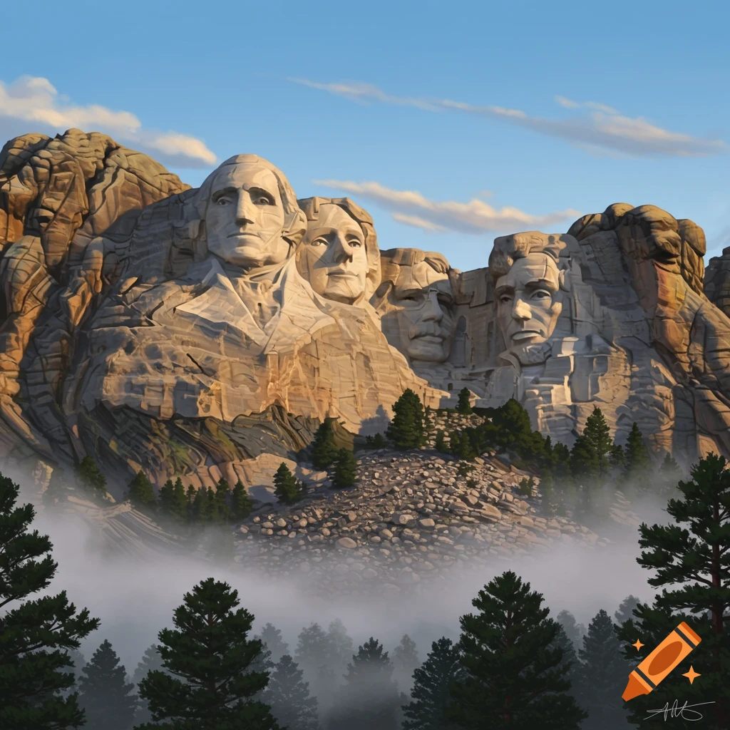 A stylized painting of Mount Rushmore with the four presidents carved into the rocky mountainside, surrounded by pine trees and fog, under a clear blue sky.