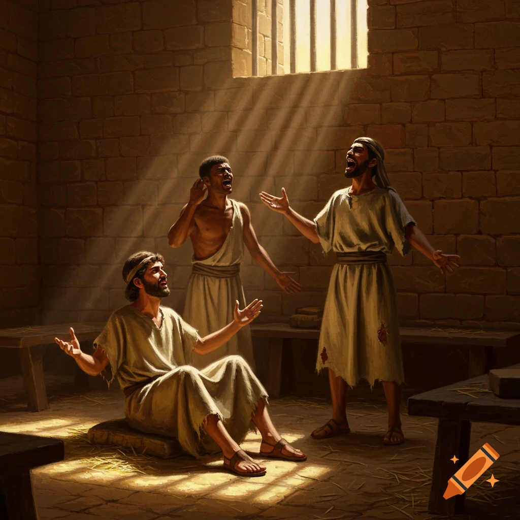 Three men in ancient prison cell. A seated man looks up dejected, another shouts in anguish, and a third reacts distressed as light streams from a high barred window.