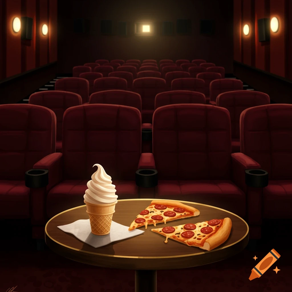 Digital art of an ice cream cone and two pizza slices on a table in an empty, cozy cinema hall with red seats under warm lighting.