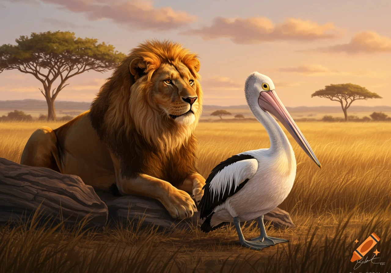 A photorealistic painting of a lion and an Australian pelican in a golden savanna at sunset.