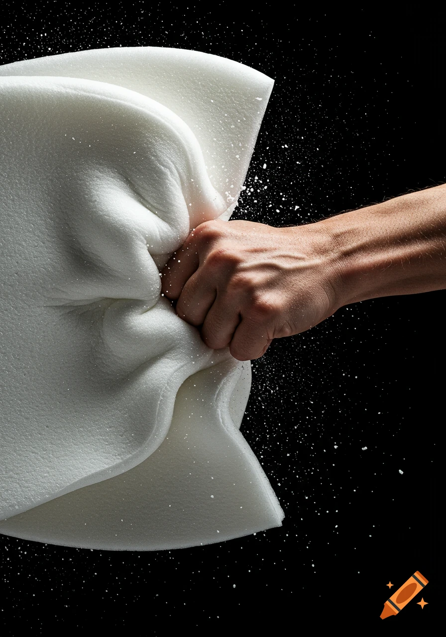 Photorealistic close-up of a hand punching white foam, causing particles to scatter against a black background.