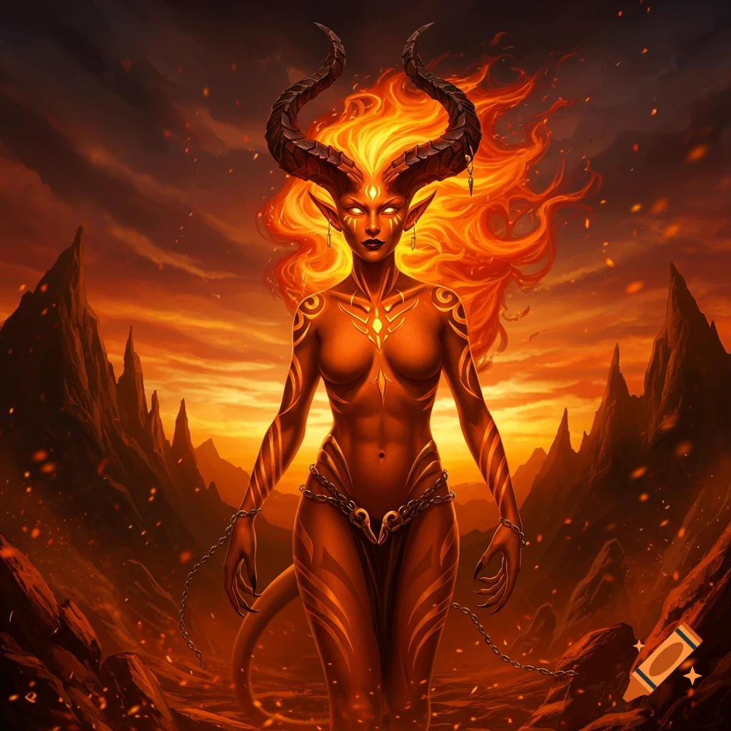 A fiery orange demon woman with large horns and glowing eyes stands in a volcanic landscape, digital art.
