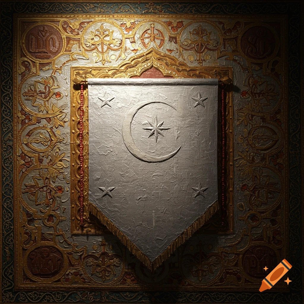 An ornate tapestry featuring a central silver banner with a crescent moon and a star, surrounded by intricate golden and red patterns with stylized script, depicted with dramatic chiaroscuro lighting.