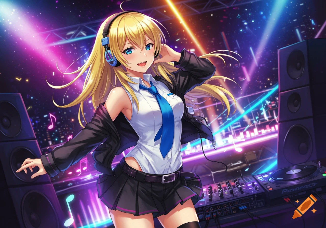 Blonde anime DJ girl with headphones, a white shirt, and black jacket, standing by turntables in a neon-lit club.