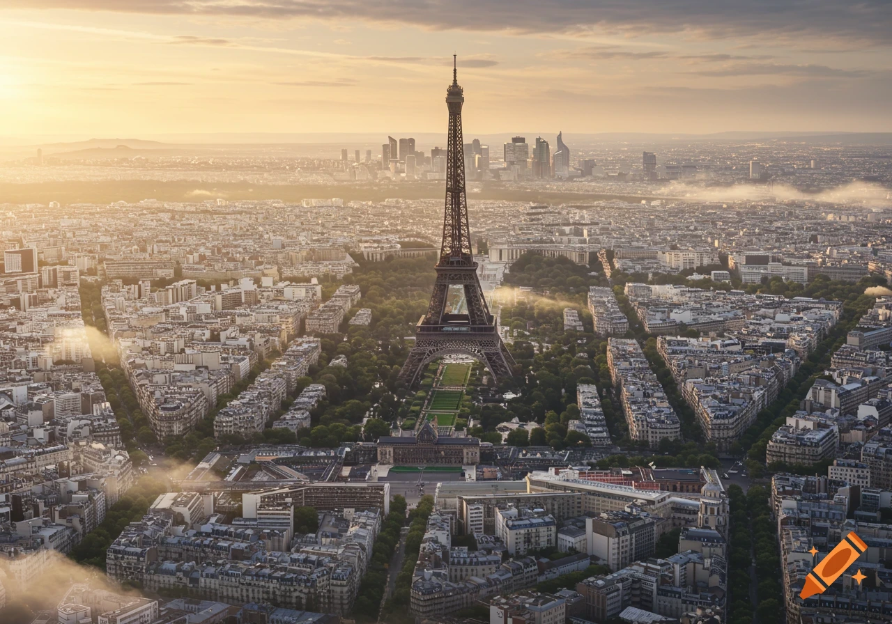 Photorealistic aerial view of the Eiffel Tower and Paris cityscape at sunset, with distant skyscrapers.