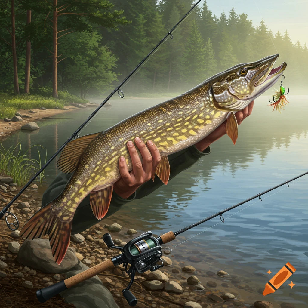 A person's hands hold a large pike with a lure in its mouth, by a lake with fishing rods and a forest. Photorealistic.