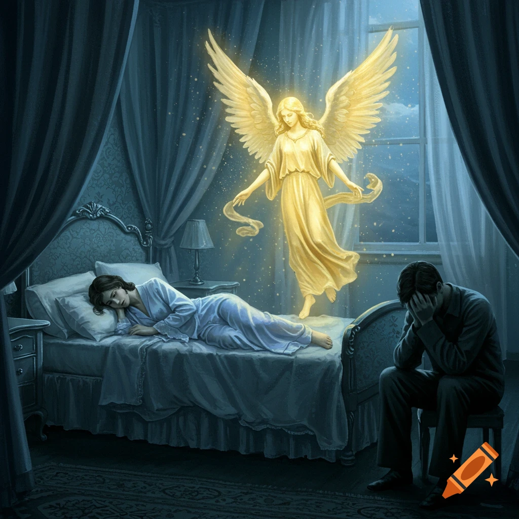 A glowing angel hovers over a sleeping woman in a dark bedroom, as a man sits nearby with his face in his hands. Fantasy art.