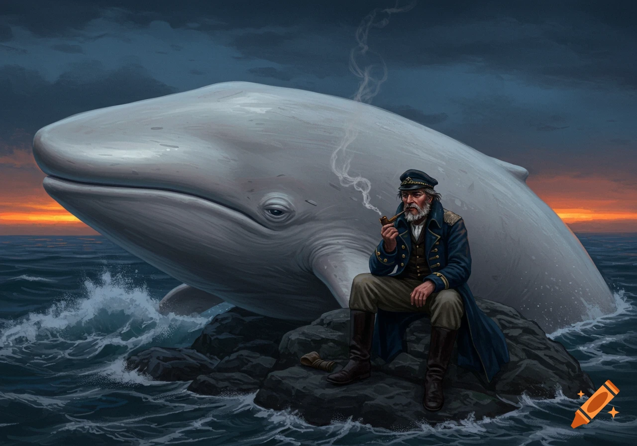 An illustrated scene of a bearded captain smoking a pipe on rocks near a giant white whale in a stormy sea at sunset.