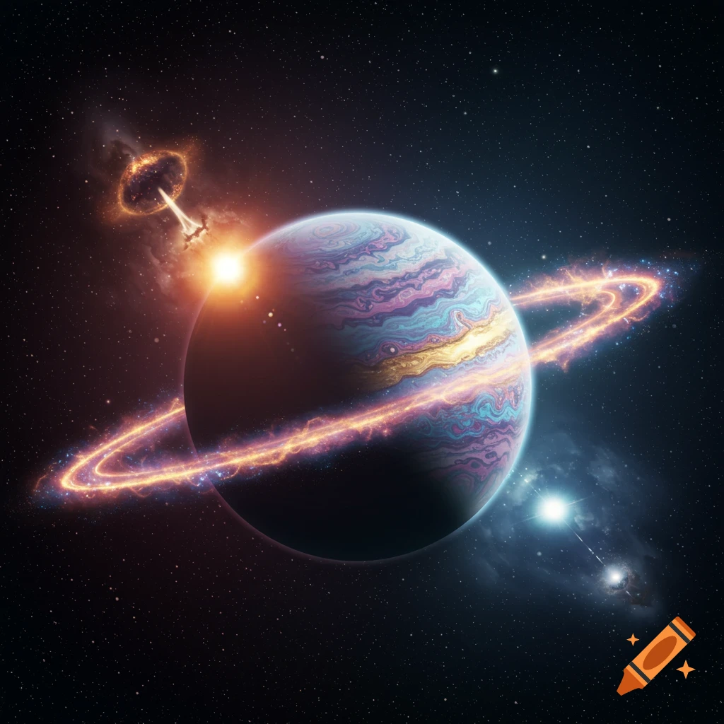 A vibrant planet with colorful swirling patterns and glowing rings, illuminated by a nearby star, with a cosmic explosion in the dark expanse of space.