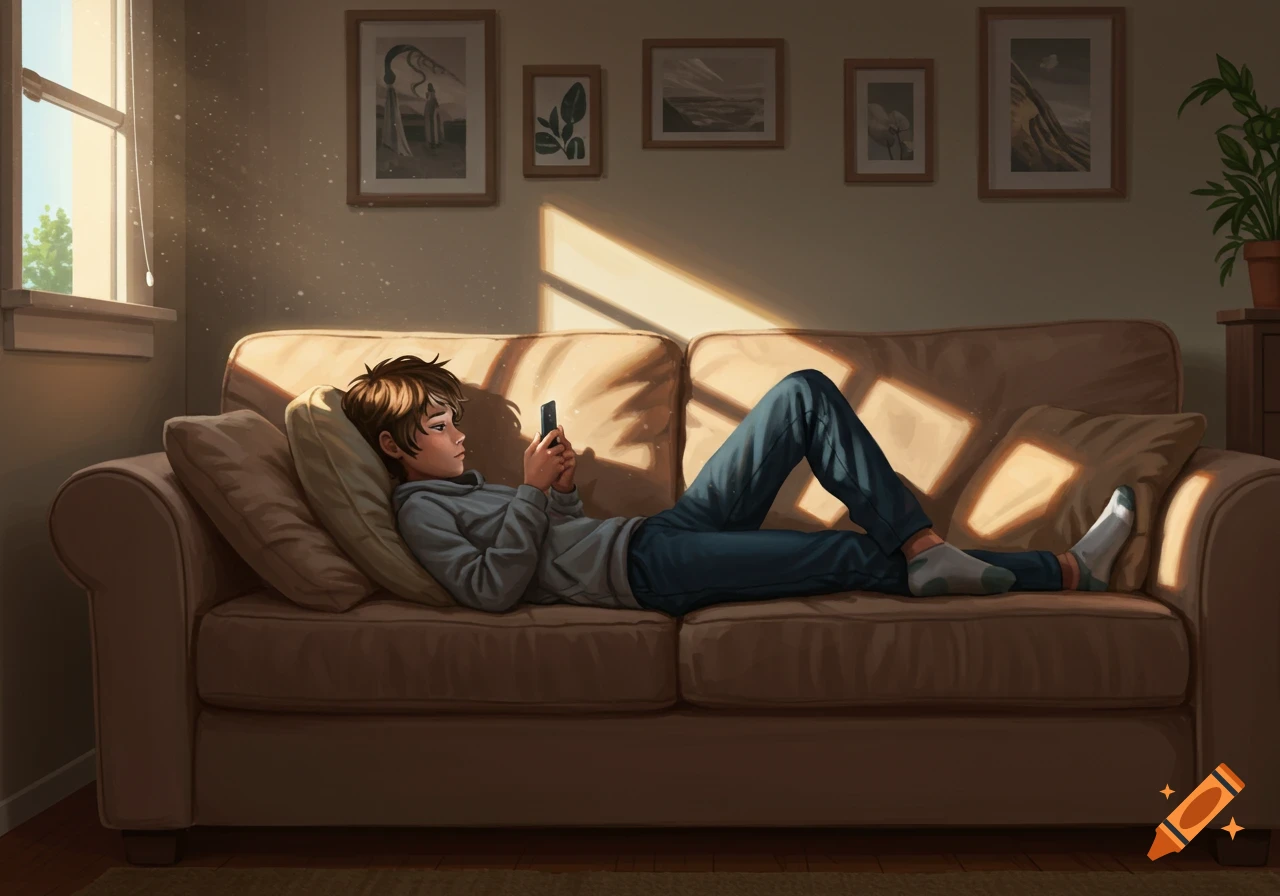 A teenager with brown hair lies on a brown couch, looking at their phone, illuminated by sunlight from a window in a digital art style.