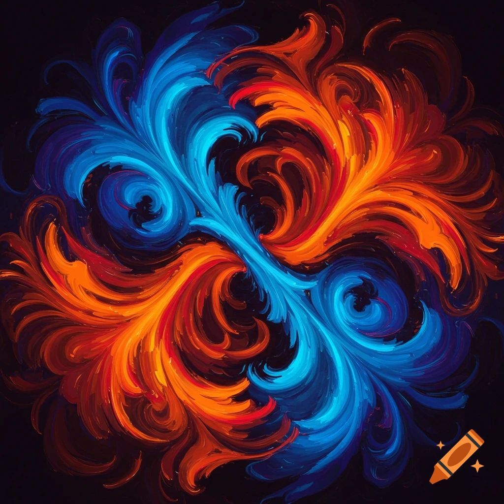 Vibrant blue and orange swirling abstract pattern resembling paint strokes on a dark background.
