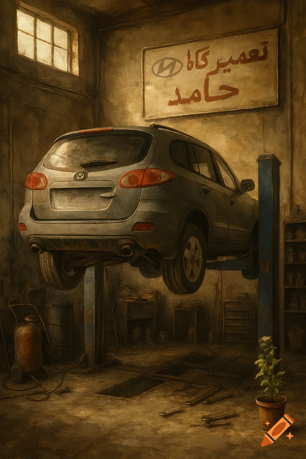 A Hyundai Santa Fe SUV on a hydraulic lift in a classic repair shop with a 'Hamed's Repair Shop' sign and a potted plant, in a painterly style.