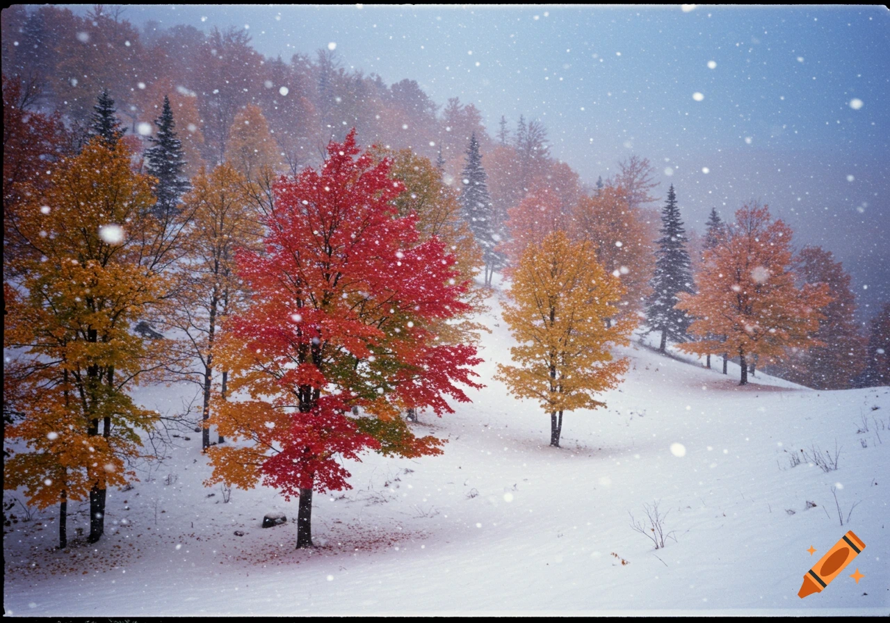 Snow falls on a steep hillside with vibrant red, orange, and yellow autumn trees under a fading dusk sky.