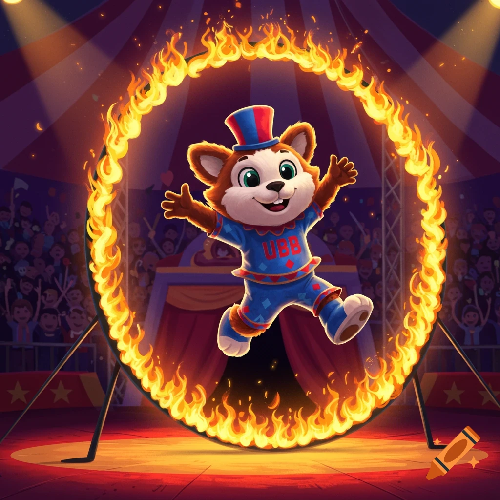 A cartoon mascot in a red, white, and blue outfit with "UBB" on it, jumps through a fiery hoop in a circus tent.