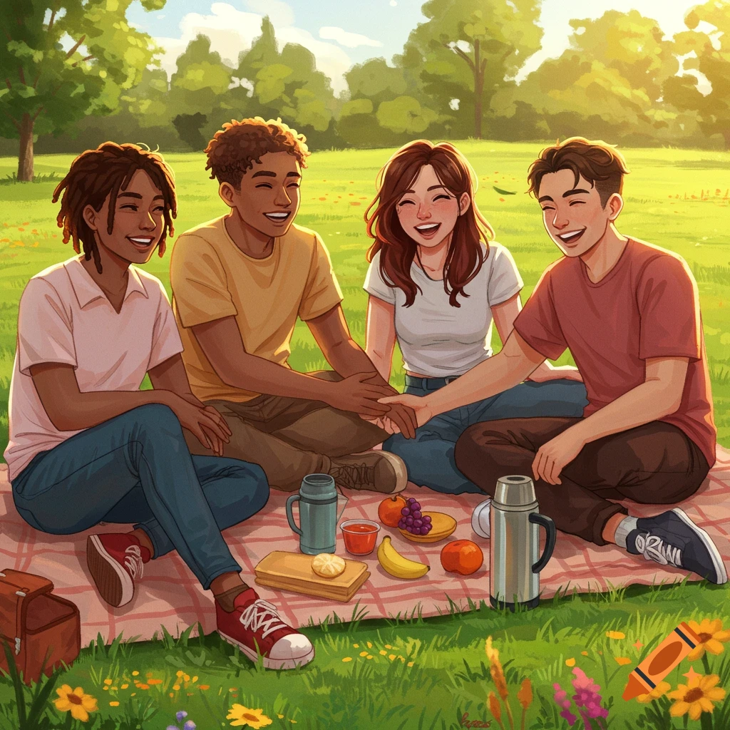Four smiling young friends have a picnic on a blanket in a sunny park, holding hands in an illustrative style.