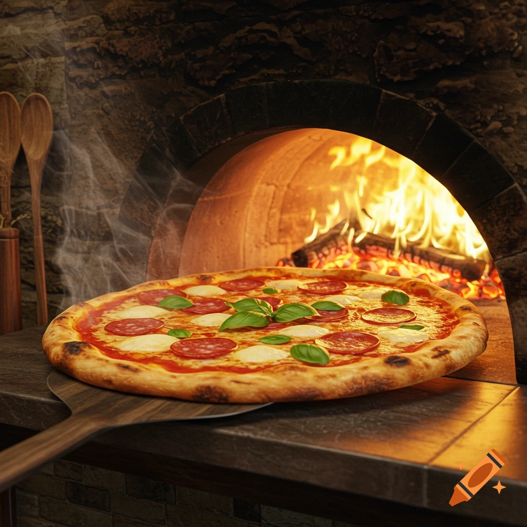A delicious looking pepperoni, mozzarella, and basil pizza on a wooden peel, being pulled from a roaring wood-fired oven.
