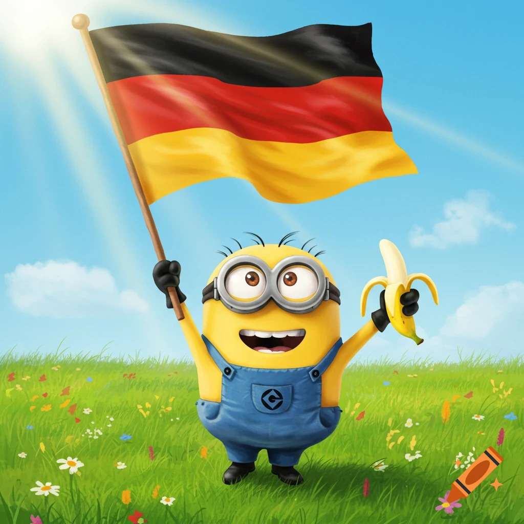 A happy Minion stands in a sunny green field, holding a German flag in one hand and a peeled banana in the other.