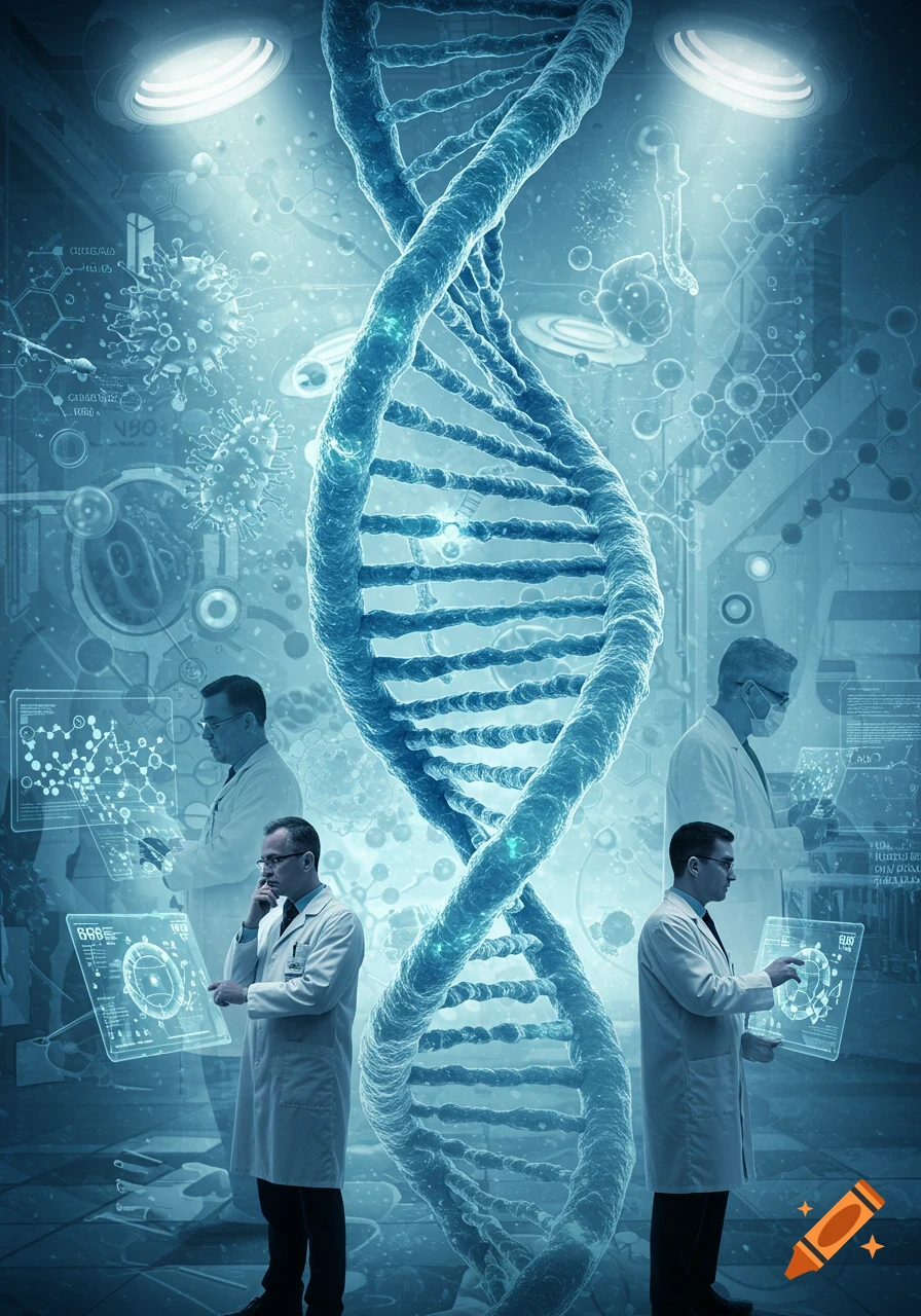 Blue-toned image of a large DNA helix with scientists in lab coats examining holographic screens, surrounded by scientific diagrams and viruses.
