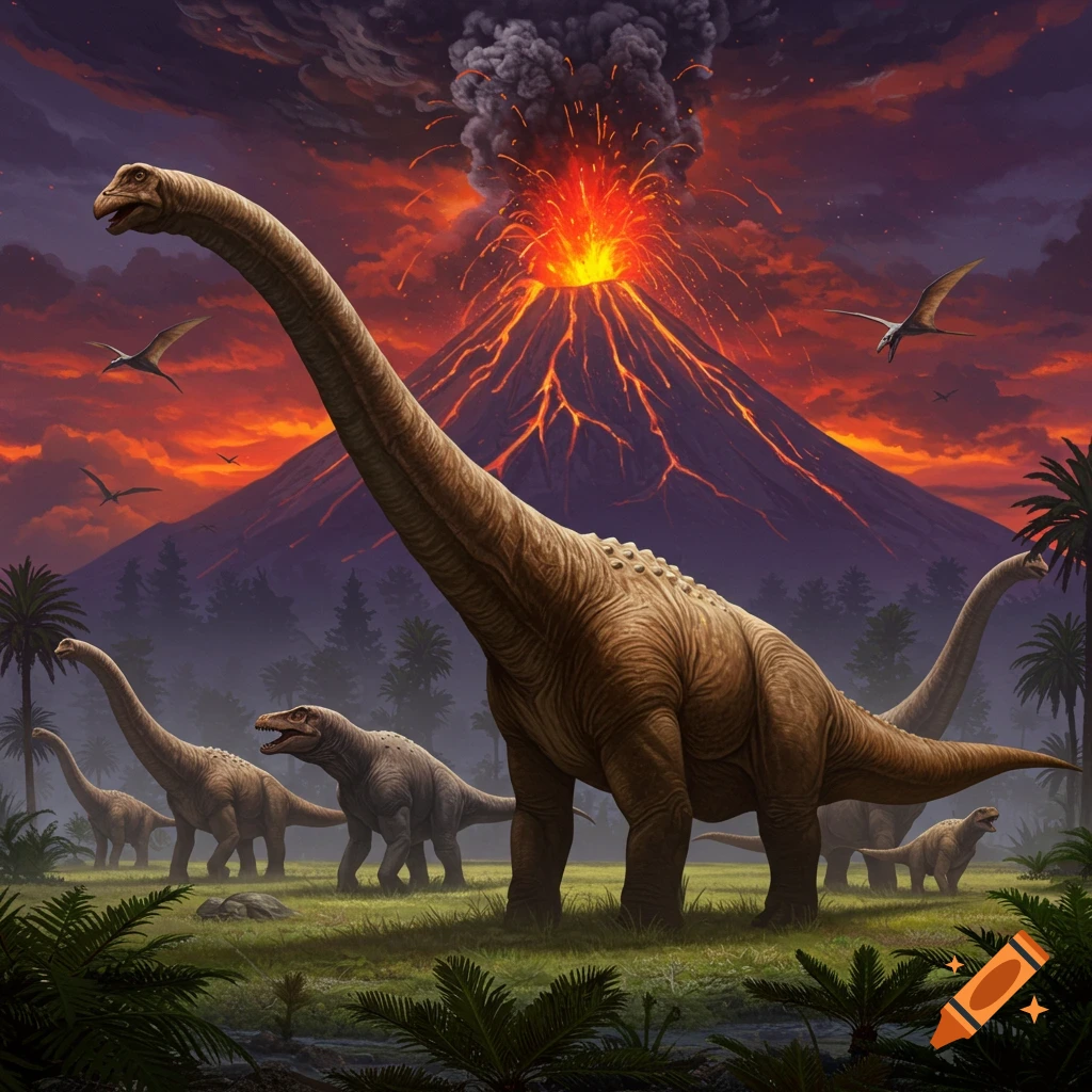 A large sauropod and other dinosaurs in a lush prehistoric landscape with an erupting volcano and flying pterosaurs under a fiery sky.