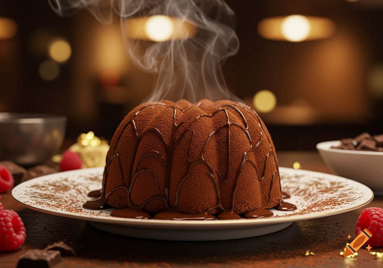 Steaming chocolate bundt cake covered in cocoa powder and chocolate drizzle on a white plate, with raspberries and chocolate chunks.